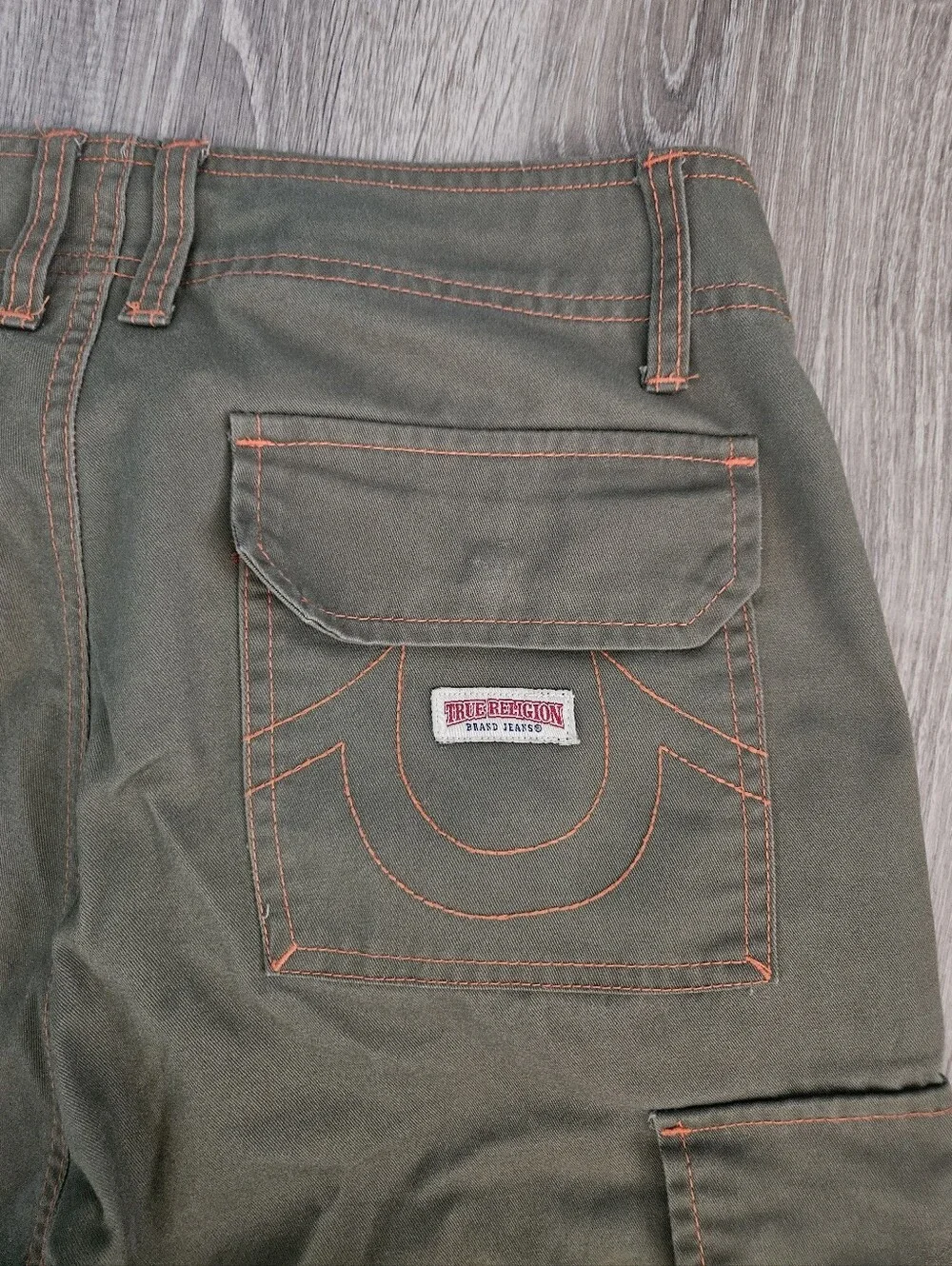 True Religion Cargo Pants Olive Green Kalamata Orange Stitch 108335 Mens Size 30